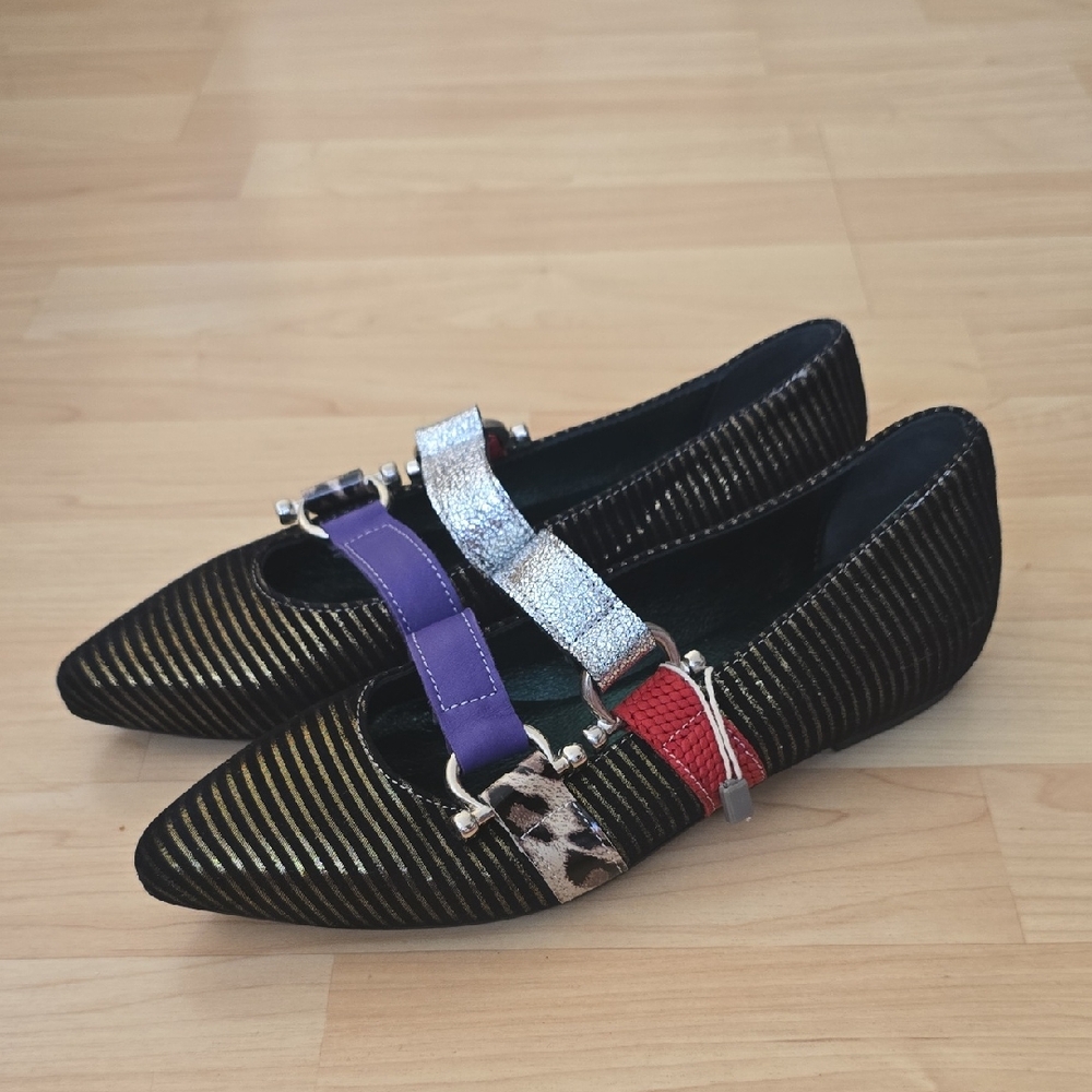 Ebarrito Italian Designer Multi-Color Striped Flats Leather Loafers Size 35